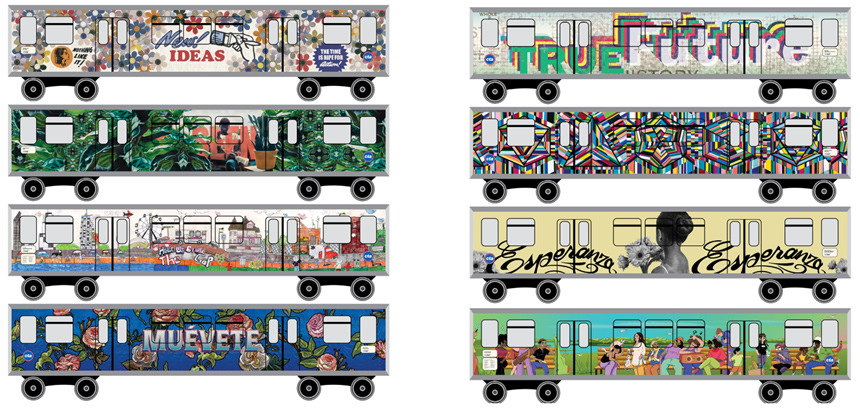 Pictured: Renderings of the artist-designed train wraps project, “Track(ed) Changes”